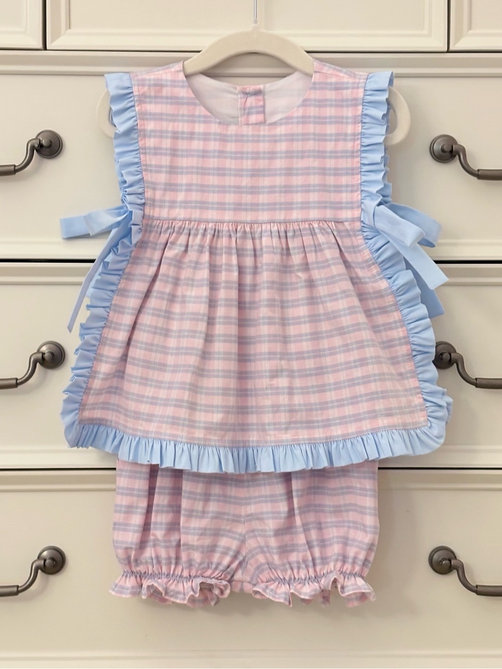 VGUC James & Lottie 2Pc Pink & Blue Stripe Set w/ Bow Side Ties Ruffles Size 2T